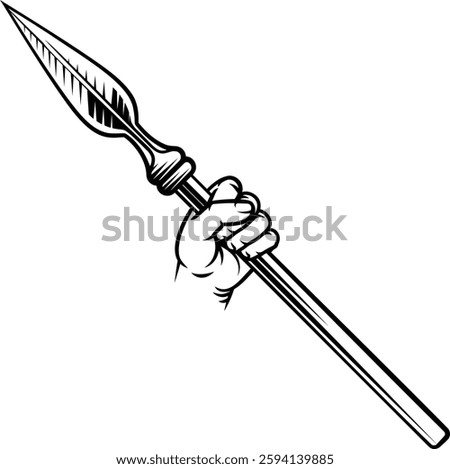 A hand holding a spear medieval weapon design illustration in a vintage woodcut retro tattoo style