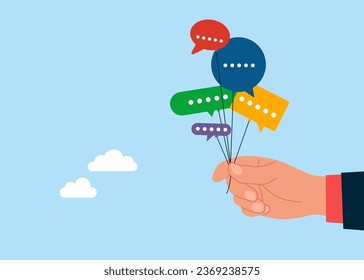 Hand holding speech bubble balloons. Communication and media. Flat vector illustration