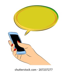 Hand holding speech bubbles chat.