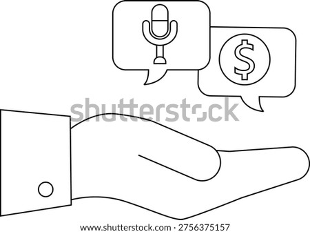 Hand holding speech bubbles with microphone and dollar sign icons