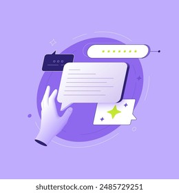 Hand holding speech bubbles on purple background. Dialogue 3D linear illustration concept. Communication via social network messenger technology metaphor abstract flat vector graphic
