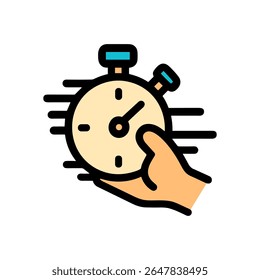 Hand holding speeding stopwatch icon. Icon symbol illustration