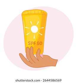 Hand holding SPF 50 sunscreen tube, yellow packaging, sun protection, modern vector illustration, skincare