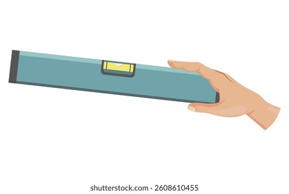 Hand holding a spirit level tool on white background concept of measurement. Vector illustration