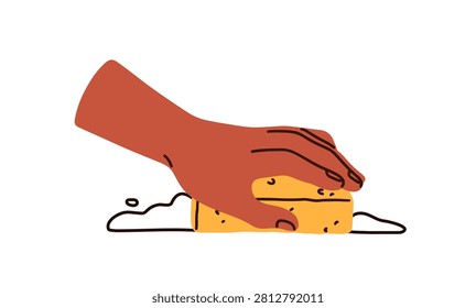 Hand holding sponge, cleaning and scrubbing surface, housework. Washing, wiping, tidying, rubbing with detergent soap, cleaner. Flat vector illustration isolated on white background.