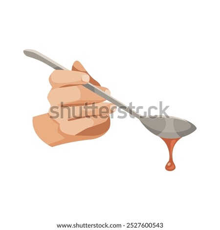 Hand holding a spoon with dripping sauce. Vector illustration