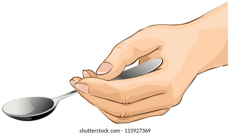 Hand Is Holding A Spoon Isolated On A White Background - Vector Illustration