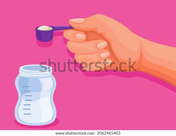 Hand holding spoon milk powder to\
bottle. baby milk symbol cartoon illustration\
vector