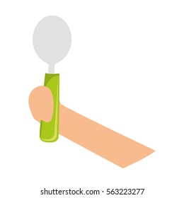 hand holding a spoon over white background. colorful design. vector illustration