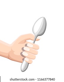 Hand holding a spoon. Stainless kitchen utensil. Flat vector illustration isolated on white background. Colored icon for restaurant menu or cafe.