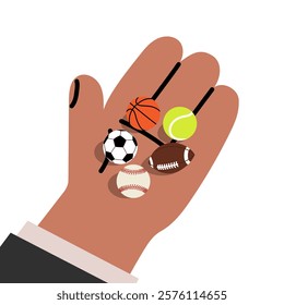 Hand holding sports balls: soccer, football, tennis, baseball, and basketball. Cartoon-style illustration for sports-related designs.