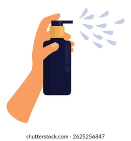 A mão está segurando um frasco de spray e aplicando líquido desinfetante