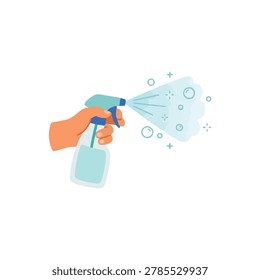 Hand holding spray bottle with bubbles and sparkles vector, fresh cleaning and sanitizing concept illustration