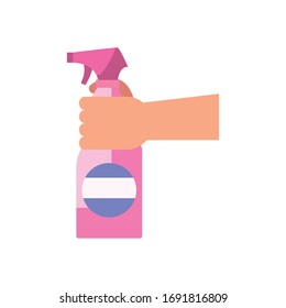 hand holding spray bottle flat style icon design, Cleaning service wash home hygiene equipment domestic interior housework and housekeeping theme Vector illustration