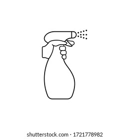 Hand holding a spray bottle line icon. Cleaning, disinfection concept. Antiseptic liquid for corona virus prevention. Alcohol sanitizer dispenser. Black outline on white background. Line vector sign.