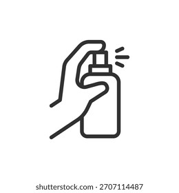 Mano que sostiene la botella de aerosol, icono lineal. Limpieza o desinfección. Línea con trazo editable.