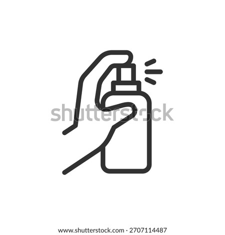 Hand holding spray bottle, linear icon. Cleaning or disinfection. Line with editable stroke.