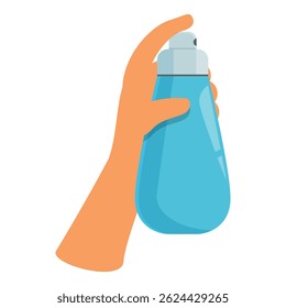 A mão está segurando um frasco de spray, perfeito para representar limpeza ou limpeza