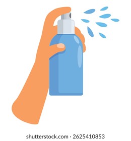 Hand is holding and spraying a blue deodorant bottle