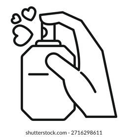 Mano que sostiene y que rocía la botella de perfume, que libera una niebla fragante con los corazones del amor, que simboliza el romance y la atracción