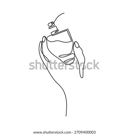 Hand holding and spraying a perfume bottle. One line minimalist vector. Perfect for use in cosmetic branding, skincare and beauty packaging, posters, social media.