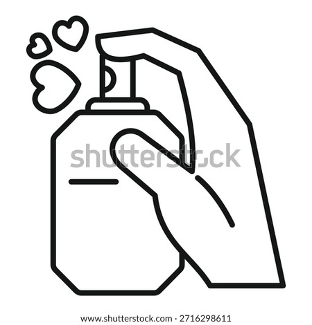 Hand holding and spraying perfume bottle, releasing a fragrant mist with love hearts, symbolizing romance and attraction