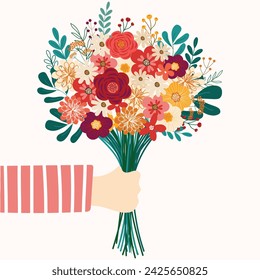 Hand Holding Spring Wild Flowers Bouquet | Floral Clipart Vector | Colorful Flower Illustration for Decoration, Invitation, Greeting Cards, Wedding, Birthday, Party, Poster, Banner, Textiles