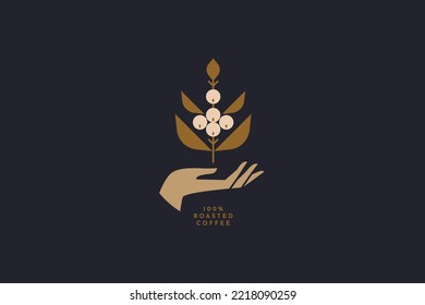 Hand, die ein Keim eines Kaffeebaums mit Kaffeefrüchten hält. Kann verwendet werden, um Kaffee-Haus-Logos, Verpackung und Label. Vektorgrafik auf dunklem Hintergrund. 