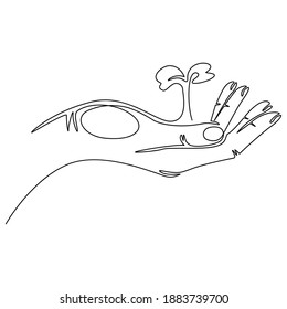 Hand holding a sprout, continuous line. Vector illustration, isolated on a white background.