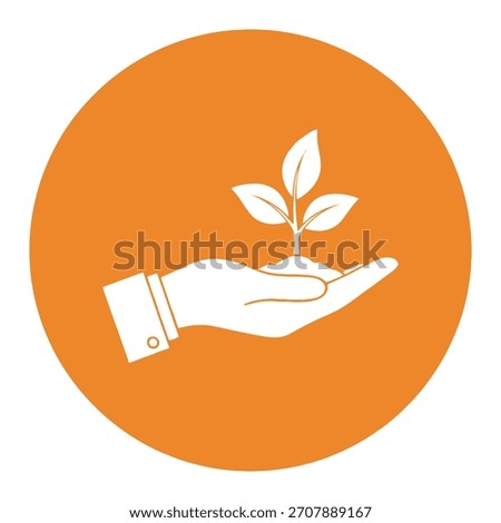 Hand holding a sprout icon symbolizing growth and sustainability with a bright orange background representing optimism and energy for environmental conservation