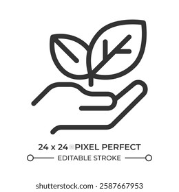 Hand holding sprout line ui icon. Nature care and eco friendly industry. Agriculture business support. Isolated vector outline symbol. Webdesign user interface element linear, pixel perfect