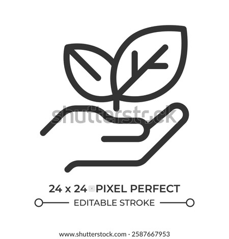 Hand holding sprout line ui icon. Nature care and eco friendly industry. Agriculture business support. Isolated vector outline symbol. Webdesign user interface element linear, pixel perfect