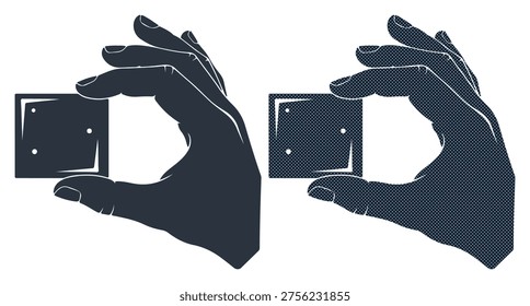 Hand holding square object, two dots, dice side, dark silhouette