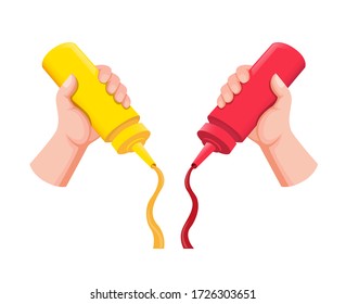 Hand Holding And Squeezing Mustard And Ketchup Bottle Plastic On Food In Cartoon Flat Illustration Vector 