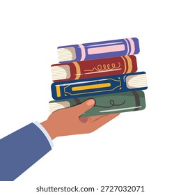 Mano que sostiene una pila de libro, dando concepto, compartiendo un libro para la donación.