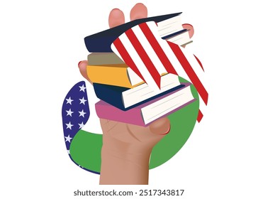 Hand sostiene una pila de libros con un diseño de bandera estadounidense, lo que sugiere la importancia de la educación en los Estados Unidos