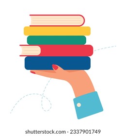 Hand holding a stack of books. Library and literature. Concept of education and knowledge. Vector illustration
