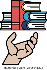 A hand is holding a stack of books. The books are red and blue. The hand is holding the books in a way that they appear to be about to fall