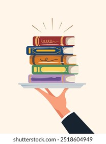 Hand holding a stack of books. Serve books, Education and knowledge vector concept. Sharing knowledge.