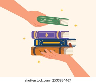 hand holding a stack of books. Sharing or donation book for education, give knowledge to people. Second hand books.