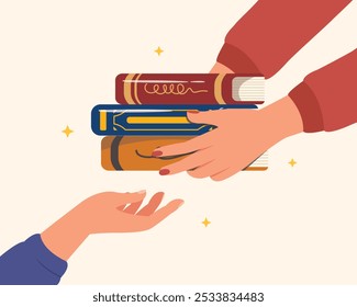 hand holding a stack of books. Sharing or donation book for education, give knowledge to people. Second hand books.