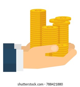 Hand holding stack of gold money cash coins. Symbol of wealth, success and good luck. Bank and Finance. Flat vector cartoon illustration. Objects isolated on a white background.