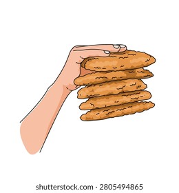 a hand holding a stack of jumbo cookies for sale. Pastry food illutration