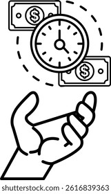 A hand holding a stack of money and a clock