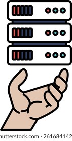 A hand holding a stack of servers. The servers are stacked on top of each other and the hand is holding them