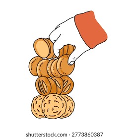 a hand holding a stack of various butter cookies. Sweet dish on the table for guests 