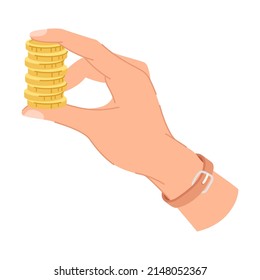 Hand Holding Stack of Yellow Dollar Coin as Small Money Vector Illustration