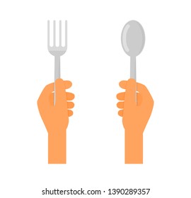 hand holding stainless fork and spoon. restaurant symbol isolated on white background. vector Illustration.