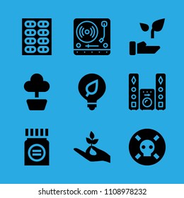 hand holding a stalk, plant, poison, medicine, turntable, light bulb, sound system, plant and pills vector icon. Simple icons set