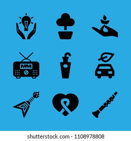 hand holding a stalk, umbrella stand, plant, responsible energy use, awareness ribbon inside a heart, electric car, electric guitar, radio and oboe vector icon. Simple icons set